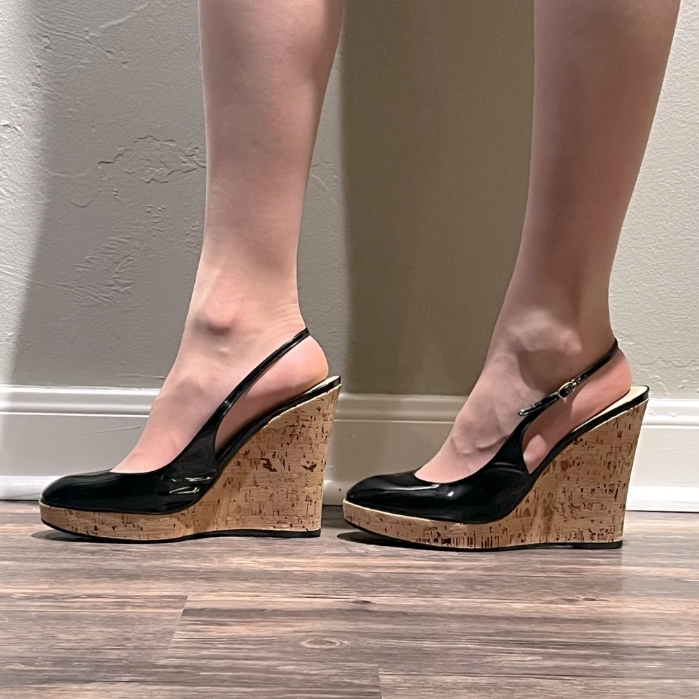 Saint Laurent Patent Leather Cork Slingback Wedges YSL